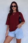 Kadın Bordo Basic Düz Baskısız Oversize Salas T-Shirt