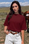 Kadın Bordo Basic Düz Baskısız Oversize Salas T-Shirt