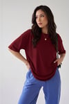 Kadın Bordo Basic Düz Baskısız Oversize Salas T-Shirt