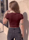 Kadın Bordo  Bisiklet Yaka Likralı Kısa Kol Body Crop Bluz