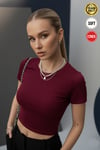 Kadın Bordo  Bisiklet Yaka Likralı Kısa Kol Body Crop Bluz
