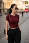 Kadın Bordo Bisiklet Yaka Likralı Kısa Kol Body Crop T-Shirt