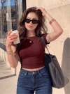 Kadın Bordo  Bisiklet Yaka Likralı Kısa Kol Body Crop Bluz