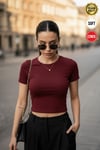 Kadın Bordo Bisiklet Yaka Likralı Kısa Kol Body Crop T-Shirt