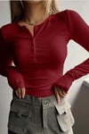Kadın Bordo Düğme Detaylı Patlı Düğmeli Bisiklet Yaka Uzun Kollu Fitilli Kaşkorse Bluz Body