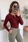 Kadın Bordo Düğme Detaylı Patlı Düğmeli Bisiklet Yaka Uzun Kollu Fitilli Kaşkorse Bluz Body