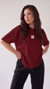 Kadın Bordo Free Life Bisiklet Yaka Oversize Salas T-Shirt