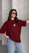 Kadın Bordo Free Life Bisiklet Yaka Oversize Salas T-Shirt