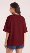 Kadın Bordo Free Life Bisiklet Yaka Oversize Salas T-Shirt