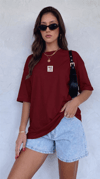 Kadın Bordo Free Life Bisiklet Yaka Oversize Salas T-Shirt
