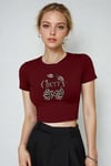 Kadın Bordo Kiraz Leopar Desenli Bisiklet Yaka Likralı Kısa Kol Body Crop Bluz