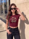 Kadın Bordo Kiraz Leopar Desenli Bisiklet Yaka Likralı Kısa Kol Body Crop Bluz