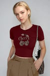 Kadın Bordo Kiraz Leopar Desenli Bisiklet Yaka Likralı Kısa Kol Body Crop Bluz