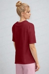 Kadın Bordo Kurdele Kabaran Dokulu Baskı Regular Fit Normal Kalıp T-shirt