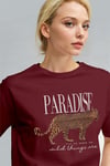 Kadın Bordo Paradise Leopar Kadın Kısa Kol Relax Fit Rahat Kesim Regular T-shirt