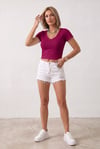 Kadın Bordo Renkli V Yaka Likralı Düz Basic Kısa Kollu Crop Bluz