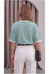 Kadın Çağla Beyaz Biye Garnili Orta Kalın Soft Kumaş Bisiklet Yaka Yarım Oversize Salaş T-shirt