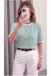 Kadın Çağla Beyaz Biye Garnili Orta Kalın Soft Kumaş Bisiklet Yaka Yarım Oversize Salaş T-shirt