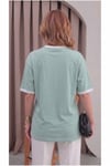 Kadın Çağla Beyaz Biye Garnili Orta Kalın Soft Kumaş Bisiklet Yaka Yarım Oversize Salaş T-shirt