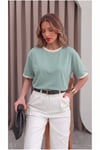 Kadın Çağla Beyaz Biye Garnili Orta Kalın Soft Kumaş Bisiklet Yaka Yarım Oversize Salaş T-shirt