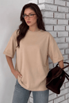 Kadın Camel Basic Düz Baskısız Oversize Salas Boyfriend T-Shirt