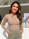 Kadın Camel Düğme Detaylı Patlı Düğmeli Bisiklet Yaka Uzun Kollu Fitilli Kaşkorse Bluz Body