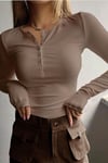 Kadın Camel Düğme Detaylı Patlı Düğmeli Bisiklet Yaka Uzun Kollu Fitilli Kaşkorse Bluz Body