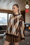 Kadın Camel Kahverengi Beyaz Yırtmaçlı Baklava Desen S-M-L Uyumlu Oversize Uzun Tunik Triko Kazak