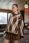 Kadın Camel Kahverengi Beyaz Yırtmaçlı Baklava Desen S-M-L Uyumlu Oversize Uzun Tunik Triko Kazak