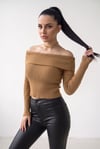 Kadın Camel Madonna Yarı Crop Fitilli Bluz Kazak