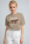 Kadın Camel Paradise Leopar Kadın Kısa Kol Relax Fit Rahat Kesim Regular T-shirt