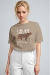 Kadın Camel Paradise Leopar Kadın Kısa Kol Relax Fit Rahat Kesim Regular T-shirt