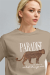 Kadın Camel Paradise Leopar Kadın Kısa Kol Relax Fit Rahat Kesim Regular T-shirt