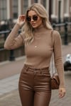 Kadın Camel Tam Balıkçı Boğazlı Fitilli Esnek Yumuşak Dokuma Slim Triko Kazak Body Bluz