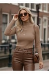 Kadın Camel Tam Balıkçı Boğazlı Fitilli Esnek Yumuşak Dokuma Slim Triko Kazak Body Bluz