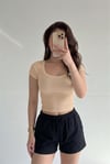 Kadın Camel U Yaka Kısa Kollu Fitilli Kaşkorse Bluz Body