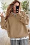 Kadın Camel Yarım Fermuar Polo Yaka 3 İplik İçi Polarlı Şardonlu Oversize Sweatshirt