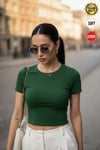 Kadın Çimen Yeşili Bisiklet Yaka Likralı Kısa Kol Body Crop Bluz
