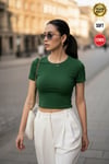 Kadın Çimen Yeşili Bisiklet Yaka Likralı Kısa Kol Body Crop Bluz
