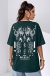 Kadın Dragon Baskılı Petrol Yeşili Bisiklet Yaka Oversize Salaş T-Shirt