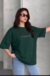 Kadın Dragon Baskılı Petrol Yeşili Bisiklet Yaka Oversize Salaş T-Shirt