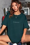 Kadın Dragon Baskılı Petrol Yeşili Bisiklet Yaka Oversize Salaş T-Shirt