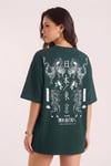 Kadın Dragon Baskılı Petrol Yeşili Bisiklet Yaka Oversize Salaş T-Shirt