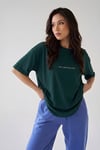 Kadın Dragon Baskılı Petrol Yeşili Bisiklet Yaka Oversize Salaş T-Shirt