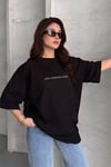 Kadın Dragon Baskılı Siyah Bisiklet Yaka Oversize Salaş T-Shirt