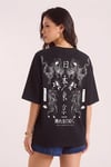 Kadın Dragon Baskılı Siyah Bisiklet Yaka Oversize Salaş T-Shirt
