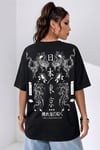 Kadın Dragon Baskılı Siyah Bisiklet Yaka Oversize Salaş T-Shirt