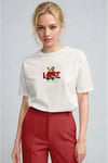 Kadın Ekru Beyaz Love Ayıcık Teddy Bear Baskı Regular Fit Normal Kalıp T-shirt