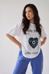 Kadın Ekru Beyaz Nazar Baskılı Oversize Fit Bol Geniş Kalıp Salaş Kesim T-shirt