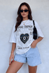 Kadın Ekru Beyaz Nazar Baskılı Oversize Fit Bol Geniş Kalıp Salaş Kesim T-shirt